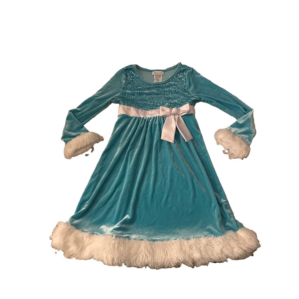 Bonnie Jean Girls‎ Snow Queen Blue Sparkle Fur Trim Sequin Dress Size 10 Frozen